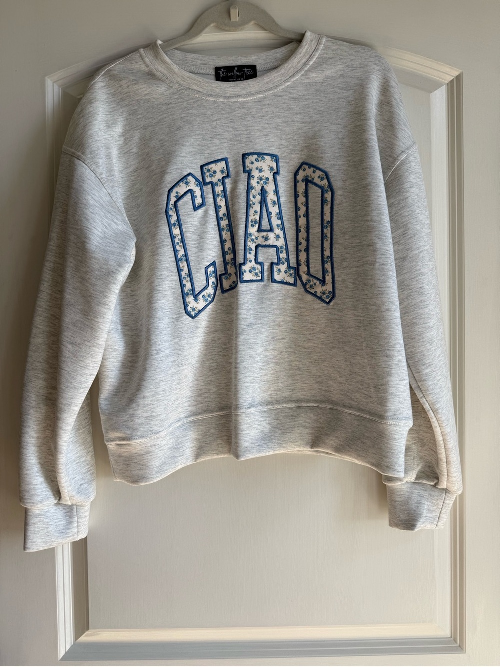 Light Gray 'CIAO' Pullover Sweatshirt with Blue Floral Trim